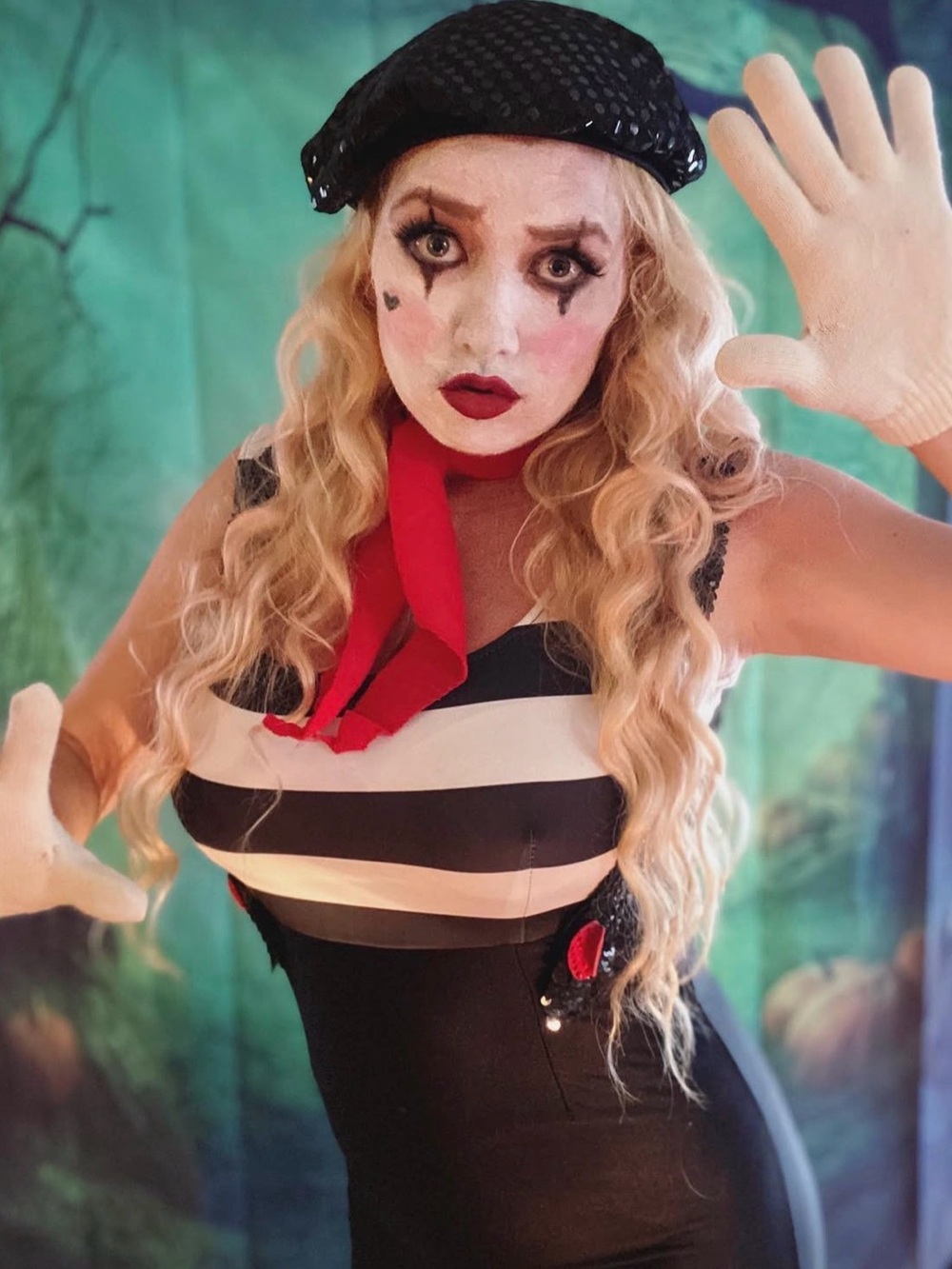 Sexy Mime Costume Black White Striped Sequin Suspenders Beret